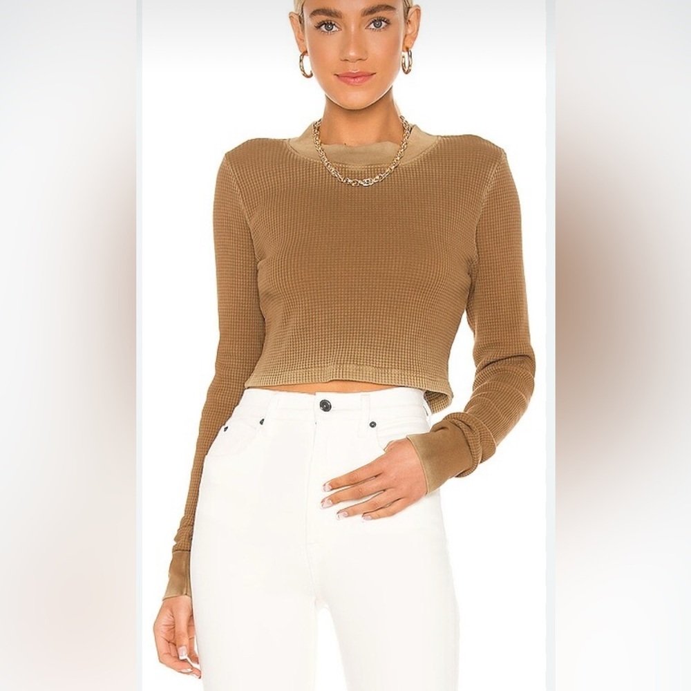 Cotton Citizen The Monaco tan waffle Cropped Long Sleeve Top made in USA